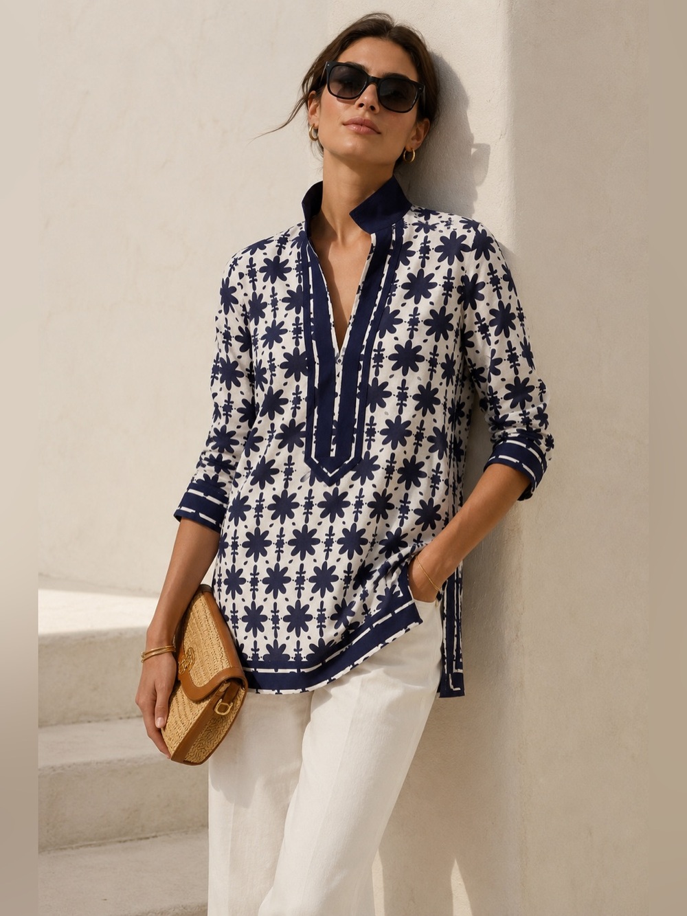 Tory Burch Navy & White Cotton Printed Tunic Blouse | Size 8 | Resort Coastal